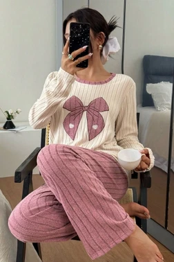 Pembe Fiyonk Desenli Uzun Kollu Pijama Takımı Bella Notte CP-7569