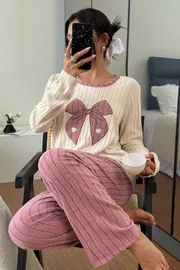 Pembe Fiyonk Desenli Uzun Kollu Pijama Takımı Bella Notte CP-7569