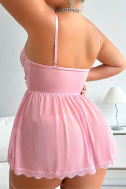 Real Passione Pembe İp Örgü Detaylı Dantel Tül Büyük Beden Gecelik Real Passione 13132 - Alternatif Görünüm