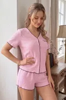 Pembe Kısa Kollu V Yaka Biye Detaylı Pijama Takımı Bella Notte 79021 Pembe görsel 4
