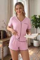 Pembe Kısa Kollu V Yaka Biye Detaylı Pijama Takımı Bella Notte 79021 Pembe görsel 5