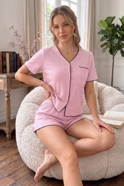 Pembe Kısa Kollu V Yaka Biye Detaylı Pijama Takımı Bella Notte 79021