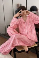 Pembe Klasik Yaka Düğmeli Çizgi Desenli Zamansız Pijama Takımı Bella Notte 77429 Pembe görsel 6
