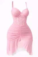 Pembe Korse Görünümlü Yırtmaçlı Tül Şık Kadın Gecelik Real Passione 4089 Pembe detay görünüm