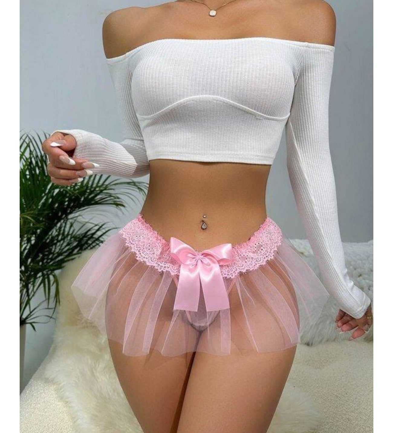 Pembe Kurdele Detaylı Tüllü Fantezi Tanga Feel Lady 1039