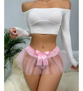 Pembe Kurdele Detaylı Tüllü Fantezi Tanga Feel Lady 1039