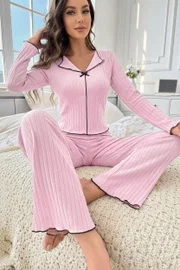 Pembe Pamuklu Siyah Biyeli Fiyonk Detaylı Pijama Takımı Bella Notte 77433