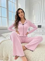 Pembe Pamuklu Siyah Biyeli Fiyonk Detaylı Pijama Takımı Bella Notte 77433 Pembe görsel 4