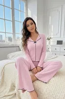 Pembe Pamuklu Siyah Biyeli Fiyonk Detaylı Pijama Takımı Bella Notte 77433 Pembe farklı açı