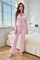 Pembe Pamuklu Siyah Biyeli Fiyonk Detaylı Pijama Takımı Bella Notte 77433 Pembe görsel 8