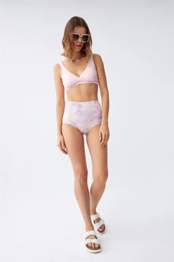 Pembe Pedli Üst ve Pastel Desenli Yüksek Bel Bikini Takımı Akbeniz 35016
