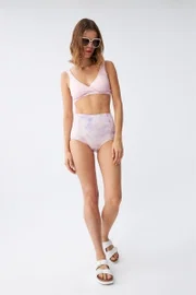 Pembe Pedli Üst ve Pastel Desenli Yüksek Bel Bikini Takımı Akbeniz 35016