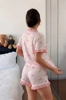 Pembe Pötikare Fiyonk Desenli Fırfır Detaylı Kadın Şortlu Pijama Takımı Bella Notte 77969 - Pembe Pembe görsel 5