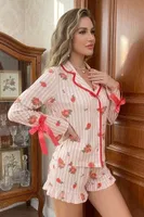 Pembe Romantik Gül Desenli Fiyonk Detaylı Şortlu Kadın Pijama Takımı Bella Notte 7965 Pembe görsel 5