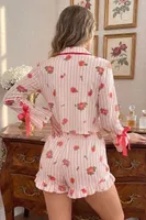 Pembe Romantik Gül Desenli Fiyonk Detaylı Şortlu Kadın Pijama Takımı Bella Notte 7965 Pembe görsel 6