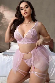Pembe Seksi Fantezi Jartiyer Takımı Büyük Beden Ruselin 8017