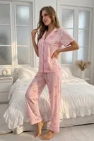 Pembe Soft Fiyonk Desenli Çizgili Düğme Detaylı Kısa Kollu Pijama Takımı Bella Notte 77589 Pembe görsel 4