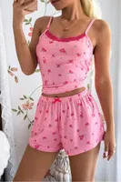 Pembe Şortlu Pijama Takımı Çiçek Desenli Askılı Ev Giyim Rahat Yazlık Takım Ruselin 5177 Pembe görsel 5