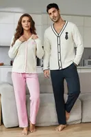 Pembe Uzun Kollu Düğme Ve Kurdele Detaylı Pamuklu Yeni Sezon Kadın Çift Pijaması Bella Notte CP-7589 Pembe görsel 4