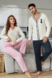 Pembe Uzun Kollu Düğme Ve Kurdele Detaylı Pamuklu Yeni Sezon Kadın Çift Pijaması Bella Notte CP-7589
