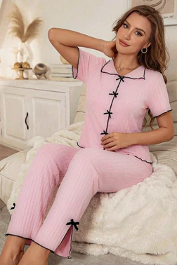 Pembe V Yaka Kısa Kollu Fiyonk Detaylı Geniş Paça Pamuklu Pijama Takımı Bella Notte 77451