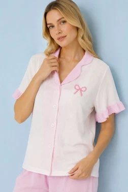 Pembe Yakalı ve Fırfır Detaylı Kısa Kollu Düğmeli Pijama Takımı Bella Notte 77685