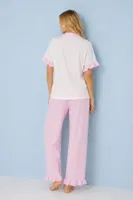 Pembe Yakalı ve Fırfır Detaylı Kısa Kollu Düğmeli Pijama Takımı Bella Notte 77685 Pembe farklı açı