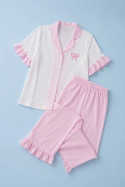 Pembe Yakalı ve Fırfır Detaylı Kısa Kollu Düğmeli Pijama Takımı Bella Notte 77685 - Alternatif Görünüm