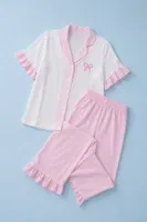 Pembe Yakalı ve Fırfır Detaylı Kısa Kollu Düğmeli Pijama Takımı Bella Notte 77685 Pembe detay görünüm