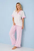 Pembe Yakalı ve Fırfır Detaylı Kısa Kollu Düğmeli Pijama Takımı Bella Notte 77685 Pembe görsel 4