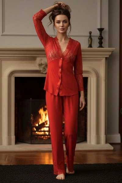 Penye Uzun Kollu Kırmızı Pijama Takım Sistina 1570