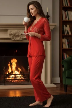 Sistina Penye Uzun Kollu Kırmızı Pijama Takım Sistina 1570 - Alternatif Görünüm