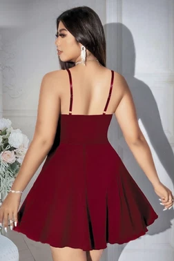 Büyük Beden Dantelli ve Şifon Babydoll Elbise Bordo Pink Night 6721 - Alternatif Görünüm