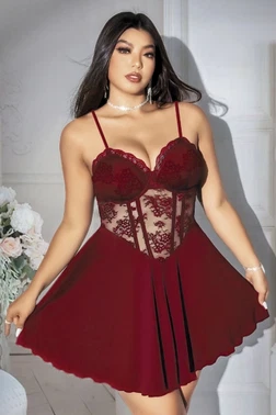 Büyük Beden Dantelli ve Şifon Babydoll Elbise Bordo Pink Night 6721