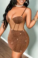 Pırıltılı Askılı Seksi Mini Elbise Pink Night 1150 Kahverengi