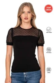 Premium Kumaş Ring Viskon Kısa Kollu T-Shirt Bluz Bisiklet Yaka Tül Detaylı Özkan 27680
