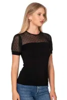 Premium Kumaş Ring Viskon Kısa Kollu T-Shirt Bluz Bisiklet Yaka Tül Detaylı Özkan 27680 Siyah farklı açı