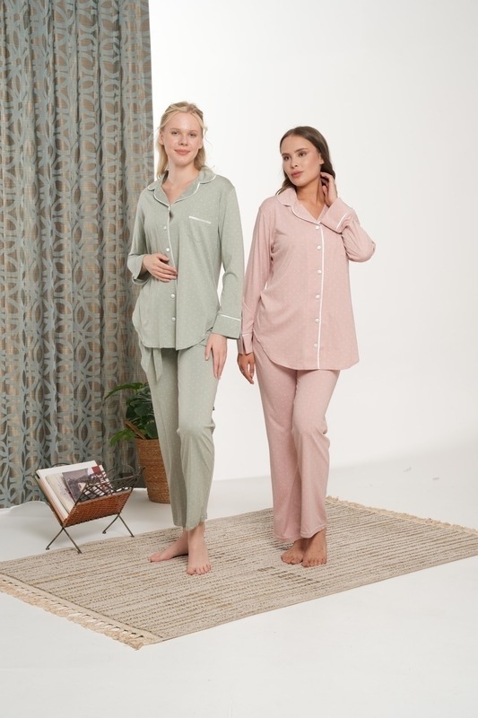 Puantiyeli Düğmeli Boydan Kadın Pijama Takımı Bone Club 5848