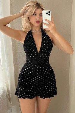 Beleng Puantiyeli Seksi Kadın Mini Dekolteli Elbise Beleng 7505