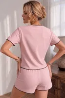 Pudra Renkli Kısa Kollu V Yaka Biye Detaylı Pijama Takımı Bella Notte 79033 Pudra görsel 5