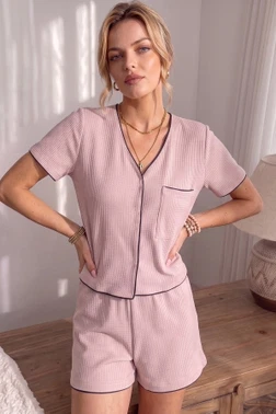 Pudra Renkli Kısa Kollu V Yaka Biye Detaylı Pijama Takımı Bella Notte 79033 - Alternatif Görünüm