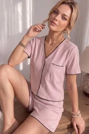Pudra Renkli Kısa Kollu V Yaka Biye Detaylı Pijama Takımı Bella Notte 79033
