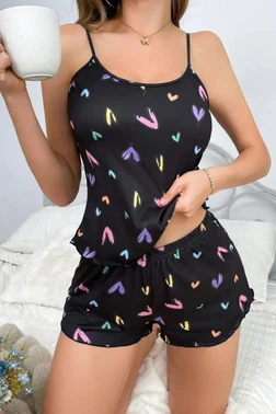 Renkli Kalpli Lacivert İp Askılı Şortlu Pijama Takımı Beleng 2310