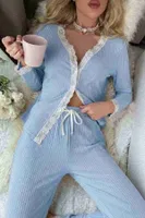 Ribanalı Dantel Detay İki Parça Pijama Takım Merry See MS4436 Mavi Mavi farklı açı