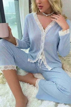 Ribanalı Dantel Detay İki Parça Pijama Takım Merry See MS4436 Mavi - Alternatif Görünüm