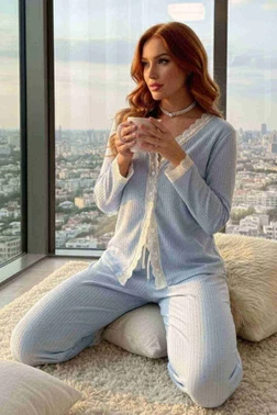 Ribanalı Dantel Detay İki Parça Pijama Takım Merry See MS4436 Mavi