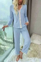 Ribanalı Dantel Detay İki Parça Pijama Takım Merry See MS4436 Mavi Mavi görsel 6