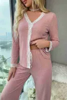 Ribanalı Dantel Detay İki Parça Pijama Takım Merry See MS4436 Pembe Pembe görsel 5