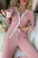 Ribanalı Dantel Detay İki Parça Pijama Takım Merry See MS4436 Pembe Pembe farklı açı