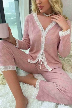 Ribanalı Dantel Detay İki Parça Pijama Takım Merry See MS4436 Pembe - Alternatif Görünüm